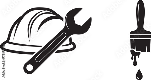 Black and White Vector Icons: Hard Hat, Wrench, Paint Brush