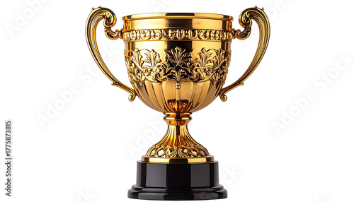 Ornate golden trophy with detailed carvings on a black base