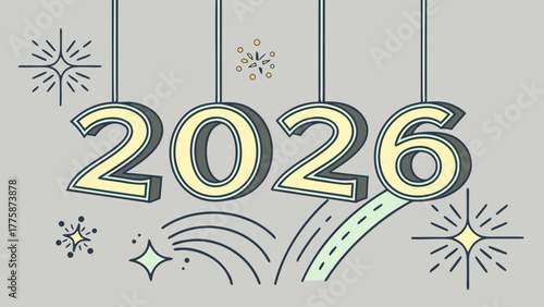 Illustration of the year two thousand and twenty six with hanging numbers and starbursts around it