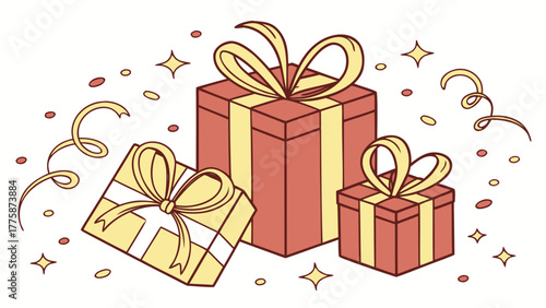 Illustration of three wrapped gifts with ribbons and confetti against a white background design element
