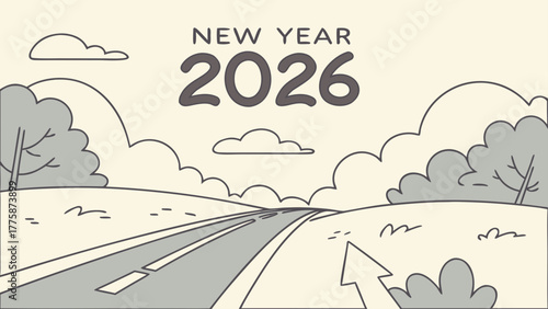 New year 2026 illustration featuring a road leading towards the horizon with clouds and trees landscape