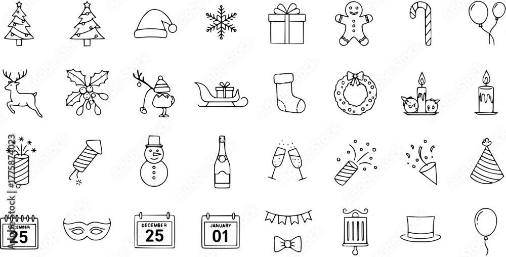 Fototapeta premium Hand drawn Christmas and New Year doodle icon set