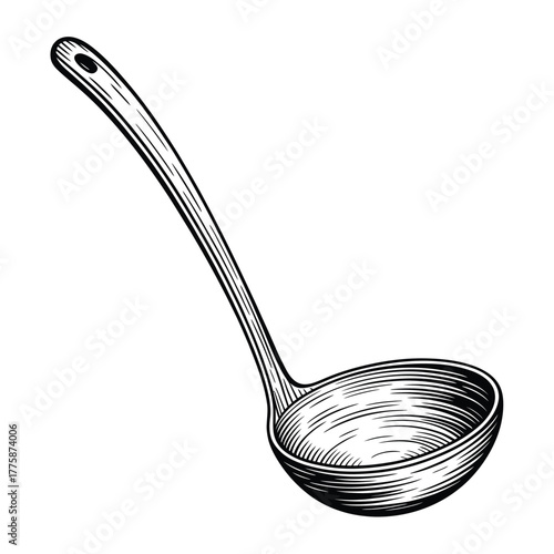Vintage hand drawn illustration of a metal soup ladle