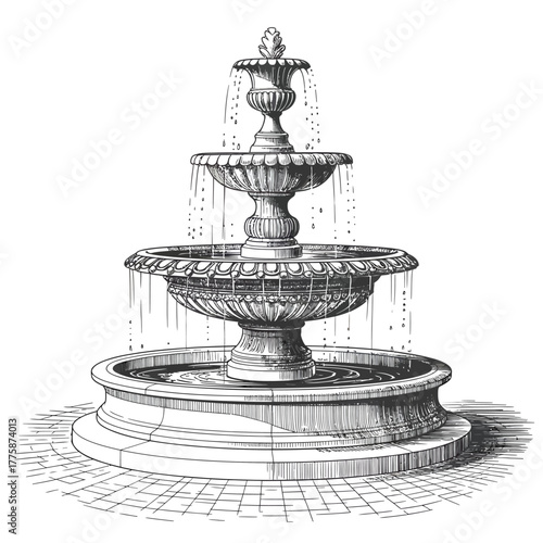 Elegant three tiered stone fountain with water cascading down