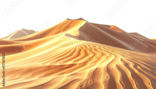 Sweeping sand dunes, golden light. Black background
