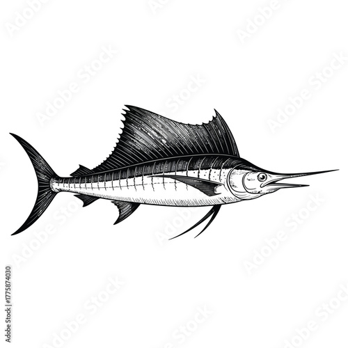 Detailed sketch of a majestic marlin fish in black and white