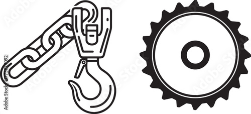 Black and White Line Art of Industrial Chain Hook and Mechanical Gear