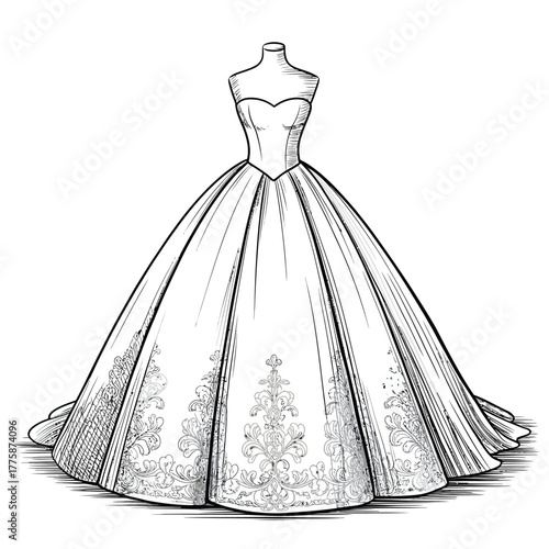 Elegant ball gown wedding dress sketch on mannequin