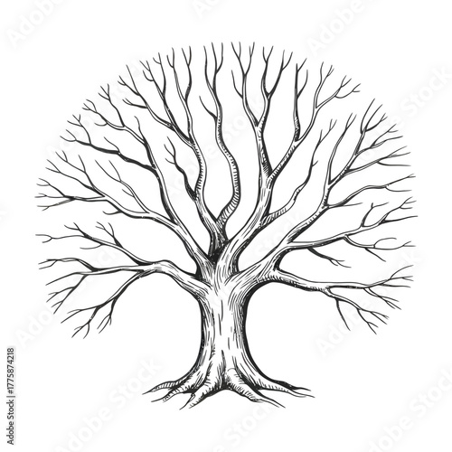 Detailed sketch of a bare deciduous tree in winter silhouette