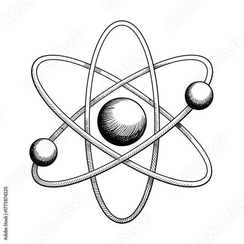 Hand drawn atom model with orbiting electrons sketch