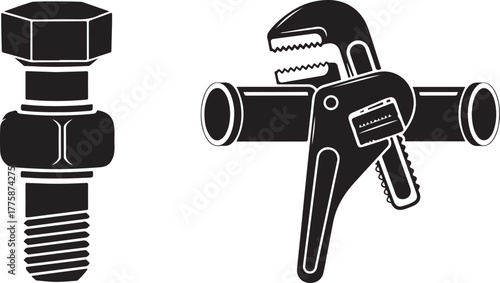 Black and White Vector Illustration of Bolt Nut and Pipe Wrench