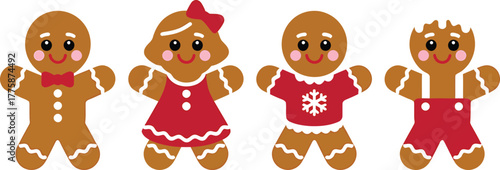 Four stylized gingerbread cookie people are standing with rosy cheeks and cute smiles