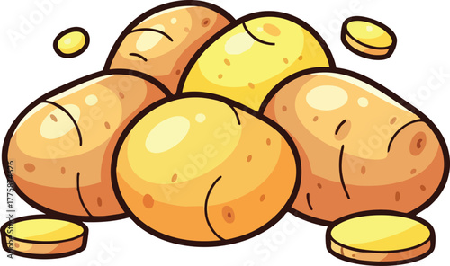 Illustration of Fresh Potatoes and Slices on a White Background
