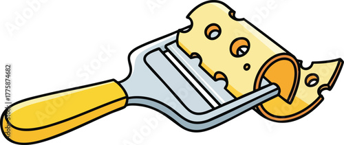 Yellow handled cheese slicer with Swiss cheese creating thin curls on a white background