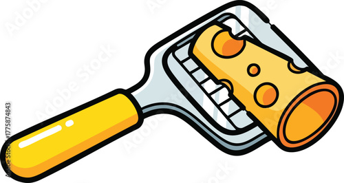 Yellow Handle Cheese Grater Shredding Swiss Cheese With Holes on White Background