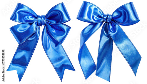 Two bright blue satin bows, shiny, slightly different styles