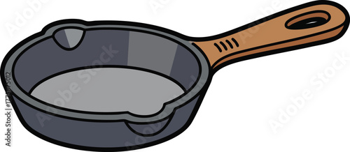 Gray Cast Iron Skillet with Brown Handle Isolated on White Background