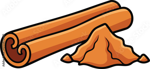 Two Cinnamon Sticks With A Pile Of Cinnamon Powder Against A White Background