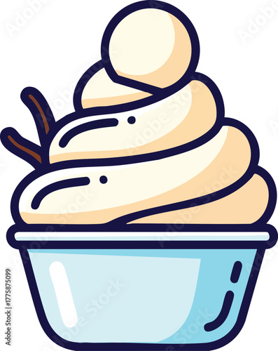 Pixel Art Vanilla Ice Cream Swirl with Vanilla Bean Pod in Blue Bowl