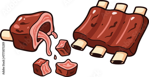 Cooked Pork Ribs and Meat Chunks With Bone Elements