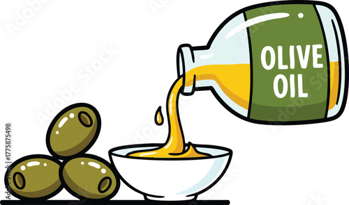 Green bottle pouring golden olive oil into a white bowl with three olives on the side isolated on white background