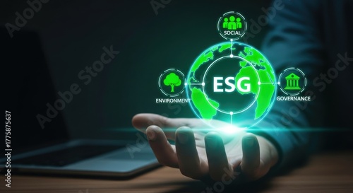Man holding esg concept with environment, social, and governance icons