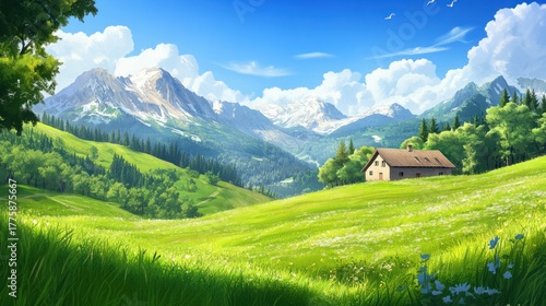 Alpine house, green meadow, mountain view, sunny day, idyllic landscape, postcard