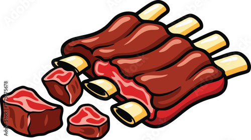Illustration of Raw Beef Ribs with Bones Isolated on White Background