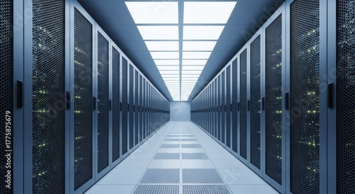 Server room with rows of rack servers, data center and network equipment