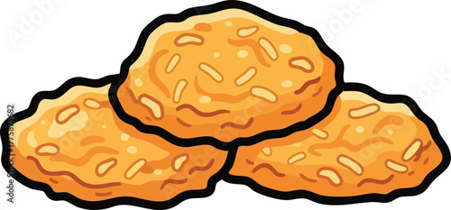 Three Golden Brown Chicken Nuggets Stacked Together Isolated on White Background Pixel Art Style
