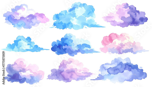 Nine watercolor-style clouds in various pastel shades on black