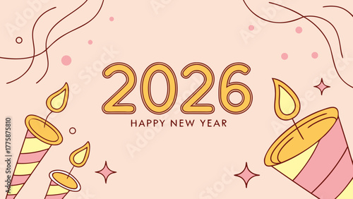 Illustration of happy new year 2026 with party poppers and stars on a light peach background design