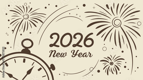 Illustration of 2026 new year celebration with fireworks and a clock showing the time nearing midnight