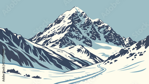 A snowy mountain range with a winding path leading up to the peak under a light blue sky view scene