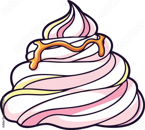 Pixel art swirl of pink meringue drizzled with golden caramel sauce isolated on white background