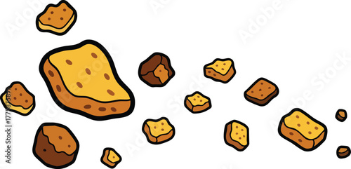 Scattered Brown and Golden Bread Pieces Isolated on White Background