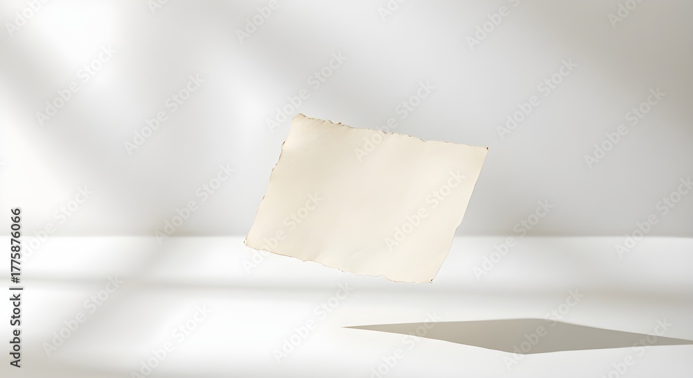 Fototapeta premium Floating piece of paper on white table with shadow