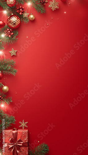 high quality christmas tree gift box copyspace light ornaments red background