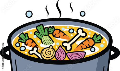 Hearty Vegetable and Bone Broth Stew in a Large Pot with Steam and Bubbles