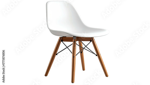 White plastic chair with wooden and metal legs, side view