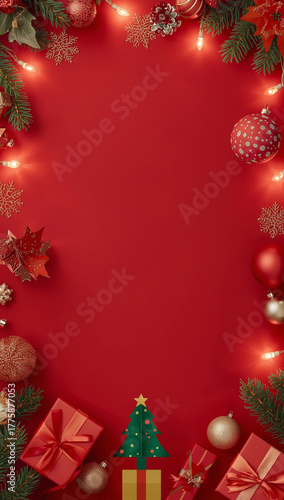 Wallpaper Mural high quality christmas tree gift box copyspace light ornaments red background Torontodigital.ca