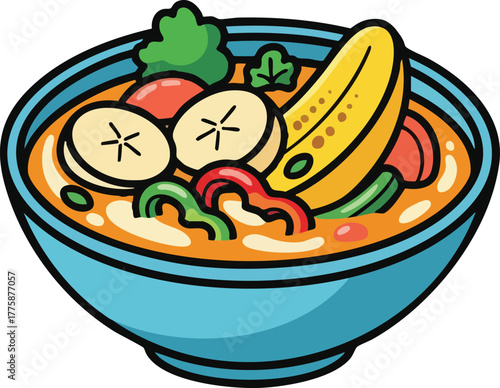 A Blue Bowl Filled With A Colorful Tropical Fruit Curry With Banana Slices And Chili Peppers In Natural Lighting