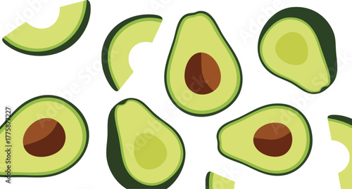 Pixel Art Avocados Sliced and Whole Scattered Seamless Pattern White Background