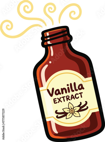 Brown glass bottle of vanilla extract with label and vanilla beans illustration on white background