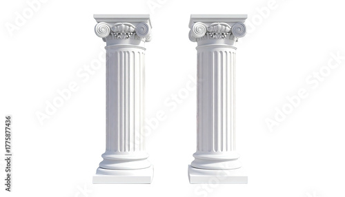 Two white ionic columns stand against a stark black backdrop (1)