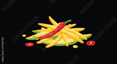 Spicy Mango Salad with Red Chili Peppers on Black Background