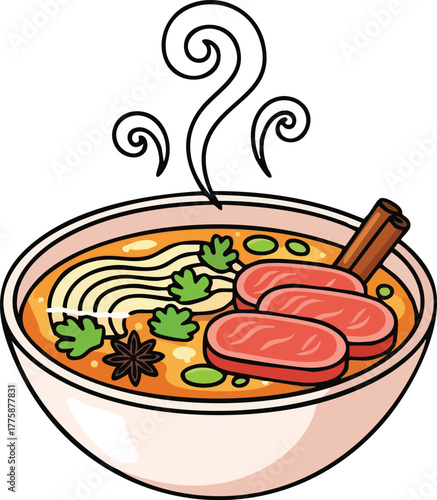 Bowl of Noodles with Sliced Meat and Spices on a White Background