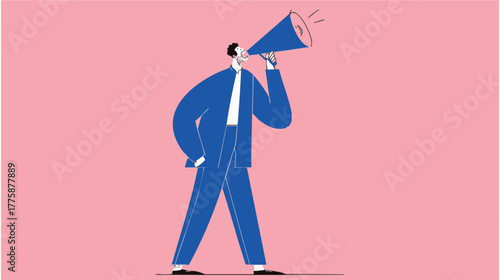 Modern abstract illustration of confident business character speaking through megaphone for communication and success