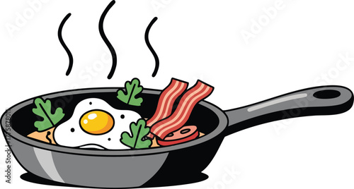 Hot Breakfast Meal With Fried Egg Bacon And Greens In A Frying Pan With Steam