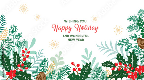 Hand drawn Christmas, Holiday card with evergreen branches, berries and snowflakes on a white background. Greeting card, invitation template.